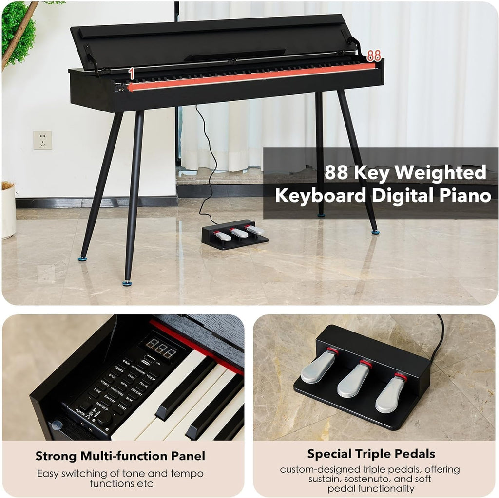 Digital Piano 88 Key Weighted Keyboard,Full-Size Desk Progressive Hammer-Action Electric Piano For Beginners, With Sheet Music Stand, Pedal,Power Adapter, Headphone Mode, Usb-Midi