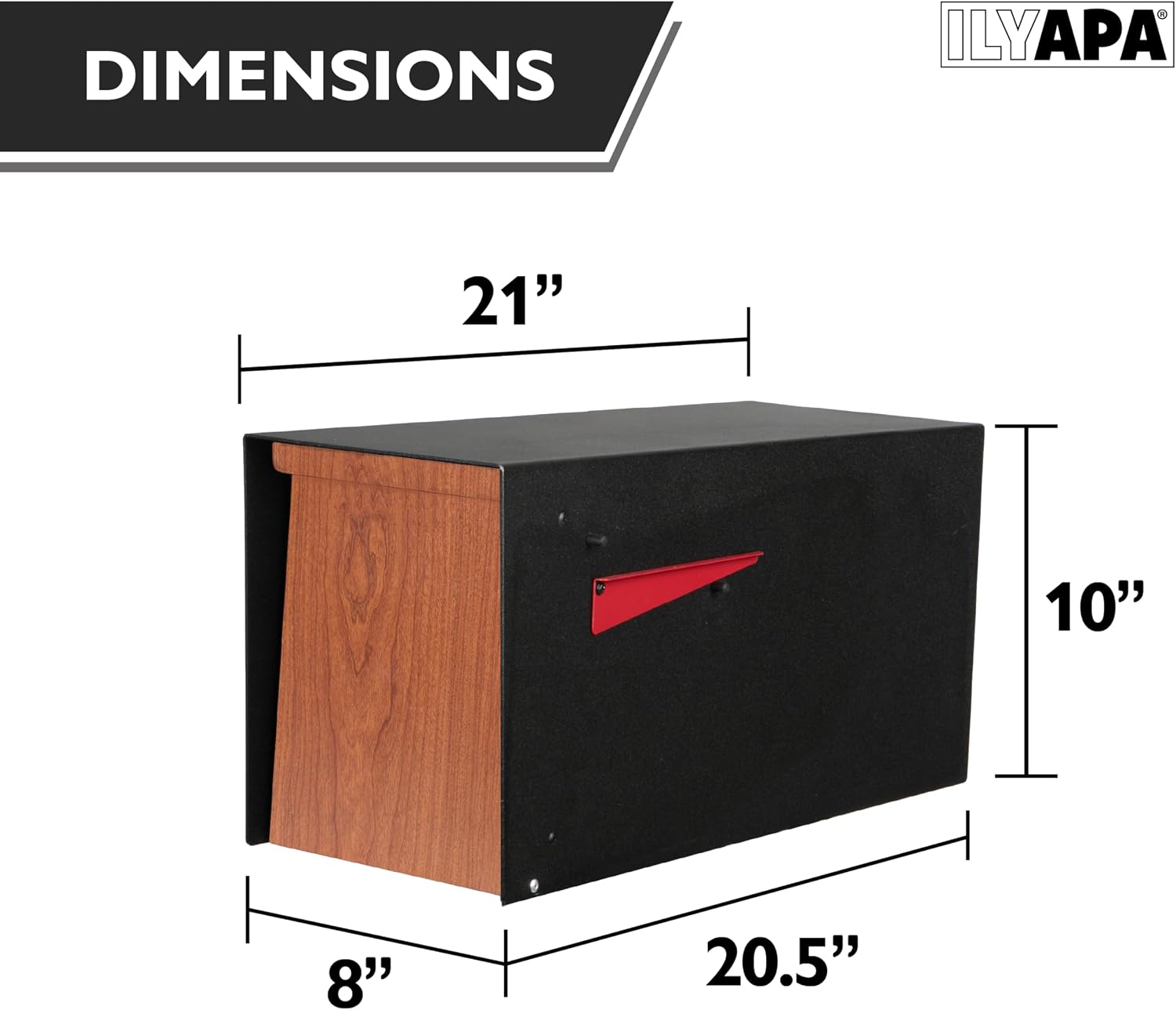 Ilyapa Modern Black Mailbox with Ash Wood Door & Waterproof Parcel Storage + Heavy-Duty 43' Metal Mailbox Post with Universal Mounting Plates for Curbside Residential Use