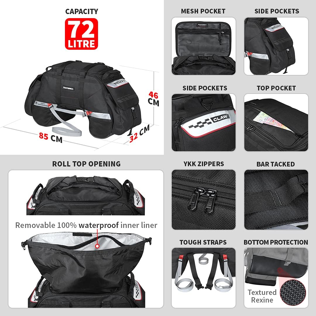ViaTerra 100% Waterproof Claw Motorcycle Tail Bag (72L, Black) I Roll top Construction with Inner Liner I Free Outer Rain/Dust Cover I Fits Most Bikes