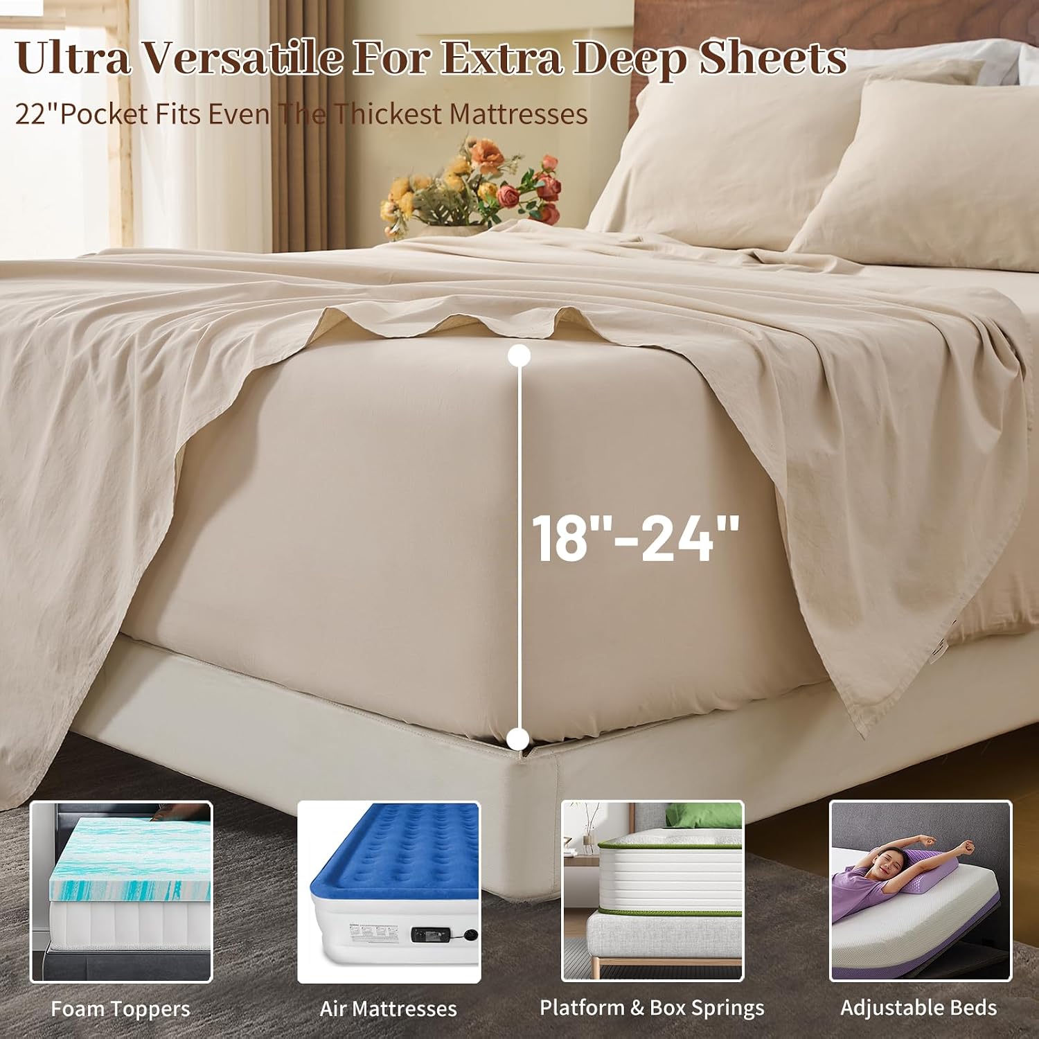 MEISHANG 100% French Pure Linen Sheets King Size - 6 PC Extra Deep Pocket Sheet Set, Soft Durable Flax Linen, Anti-Tear Breathable & Oeko-Tex Certified 18-24 Deep Pocket,All Season(Linen)
