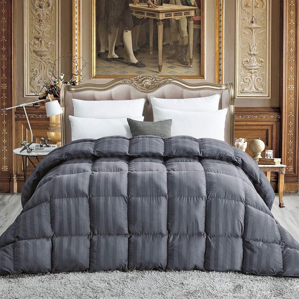 Luxurious Goose Down Comforter Duvet Insert, California King Gray Stripe Design, 1200 Thread Count 100% Egyptian Cotton, 750+ Fill Power, 65 oz Fill Weight