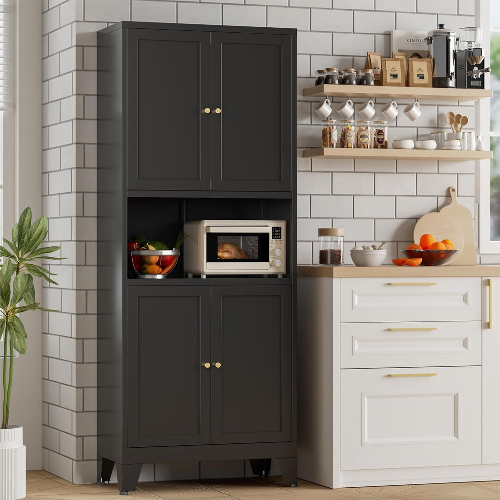 Bevivog Black Pantry Cabinet, 69' Tall Metal Storage Cabinet with Hutch, 4 Doors Pantry Shelves Microwave Stand, Freestanding Tall Bathroom Storage Cabinet for Kitchen, Dining Room, Laundry Room
