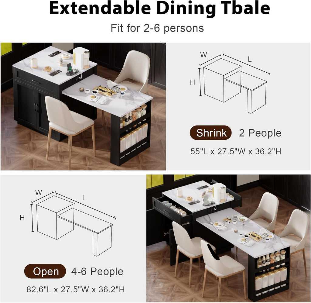 RUNNA Kitchen Island with Extendable Dining Table for 4-6 Person,Two-Tone Kitchen Table,Power Outlet Storage 2 Drawers 2 Side Open Shelves(Black~010)