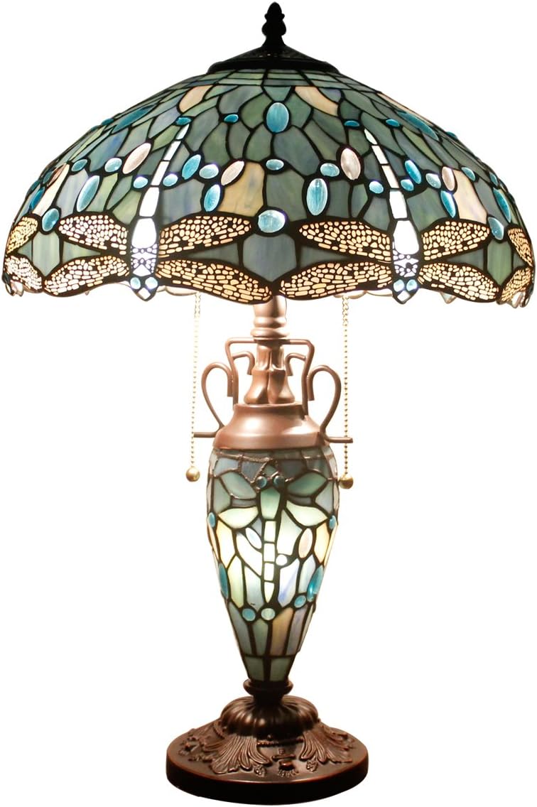 Tiffany Lamp Shade Replacement W16H7 Inch Sea Blue Stained Glass Dragonfly Lampshade For Table Lamps FLoor Lamp Ceiling Fixture(3 Hooks) Pendant Hanging Light S147 WERFACTORY Home Office Decoration