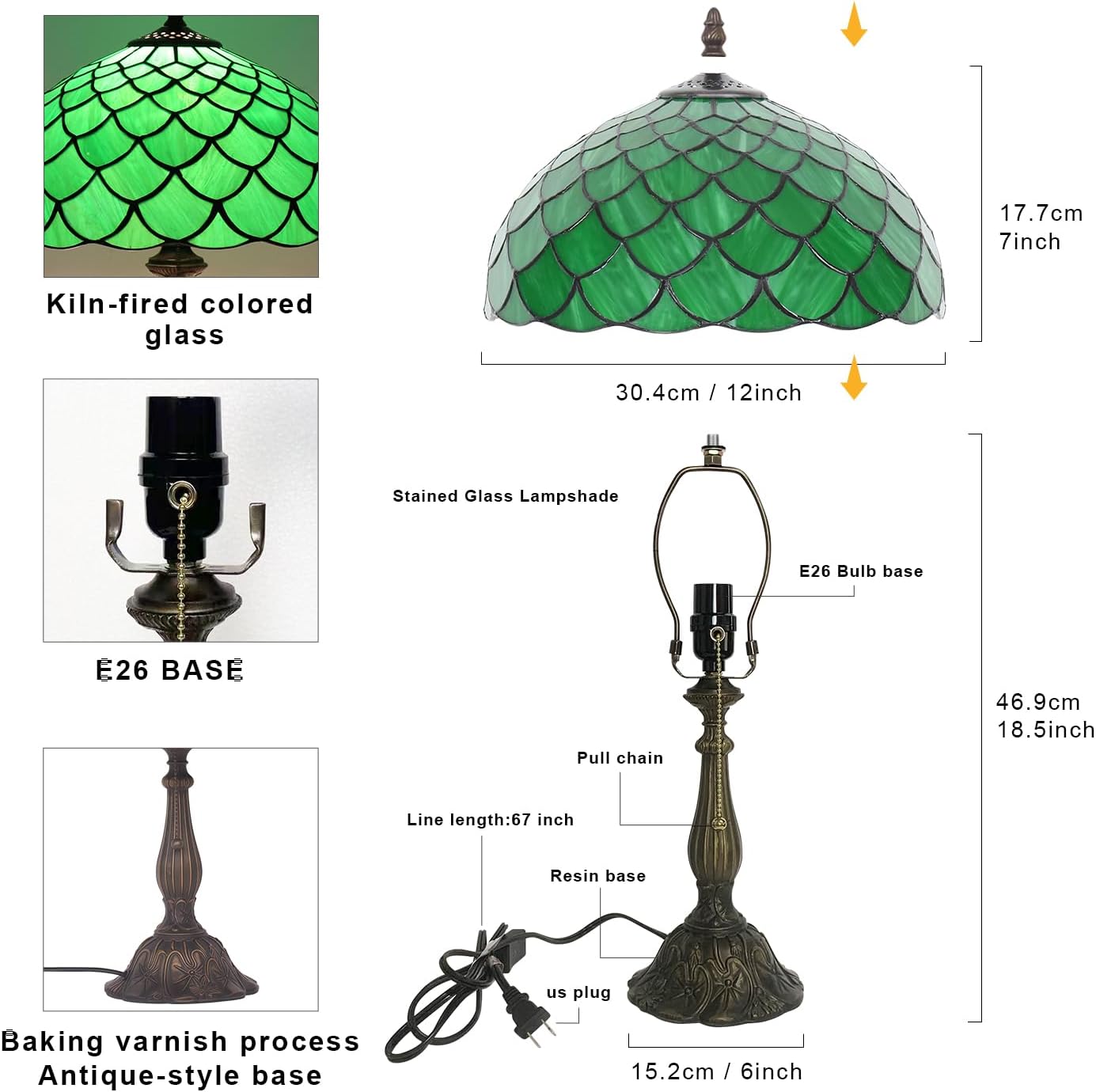 Stained Glass Table Lamp,Vintage Green Fish Scale Lamp,12X12X19 Inch Reading Light,Antique Glass Desk Decor Lamp.