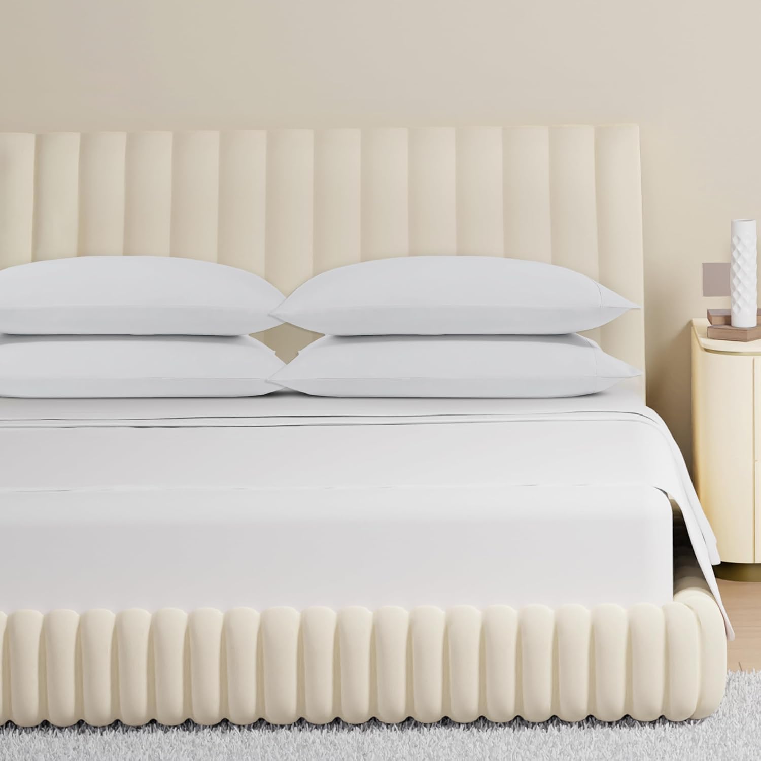 Carressa Linen 100% Egyptian Cotton King Size Sheets Set - 800 Series Tulips Collection Egyptian Cotton Sheets King Size (6 PC, Crisp White), 16' Deep Pocket Sateen Weave Luxury Bed Sheet
