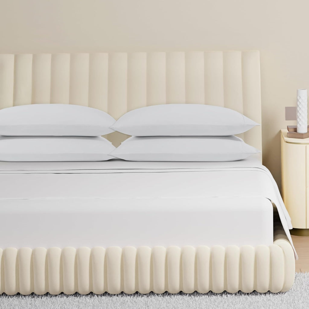 Carressa Linen 100% Egyptian Cotton Queen Sheet Set - 800 Series Tulips Collection Egyptian Cotton Sheets Queen Size (6 PC, Crisp White), 16' Deep Pocket Sateen Weave Luxury Hotel Bed Sheet