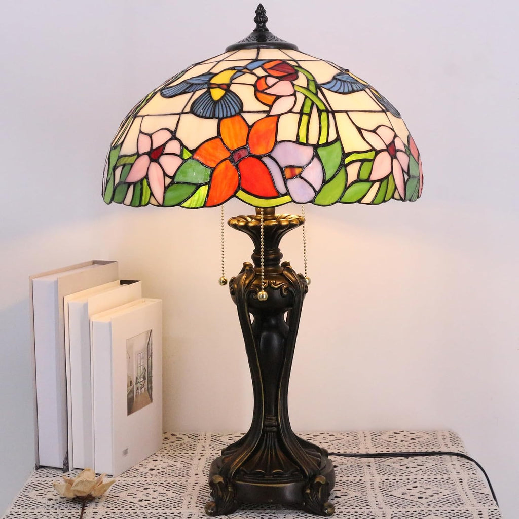 Large Tiffany Lamp Shade Replacement Only 16Inch Stained Glass Lampshade Fit For Table Lamps FLoor Lamp Ceiling Fixture Pendant Hanging Light Home Office Decoration (Cream Amber Hummingbird)