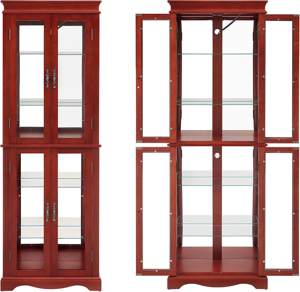 70' H Lighted Curio Cabinet Display Case, Glass Curio Cabinets with Adjustable Shelves and Tempered Glass Door, Wooden Cabinet w/Mirrored Back Pane for Living Room (Cherry)