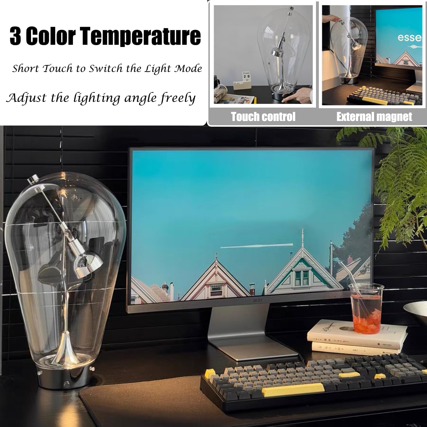 Bofea-Desk Lamp for Home Office Creative Globe Glass Table Lamp with Magnetic Metal Swing Arm Lamps Reading Light Touch Control Table Lamps with 3 Color Temperatures Modern Desk Light for Living Room