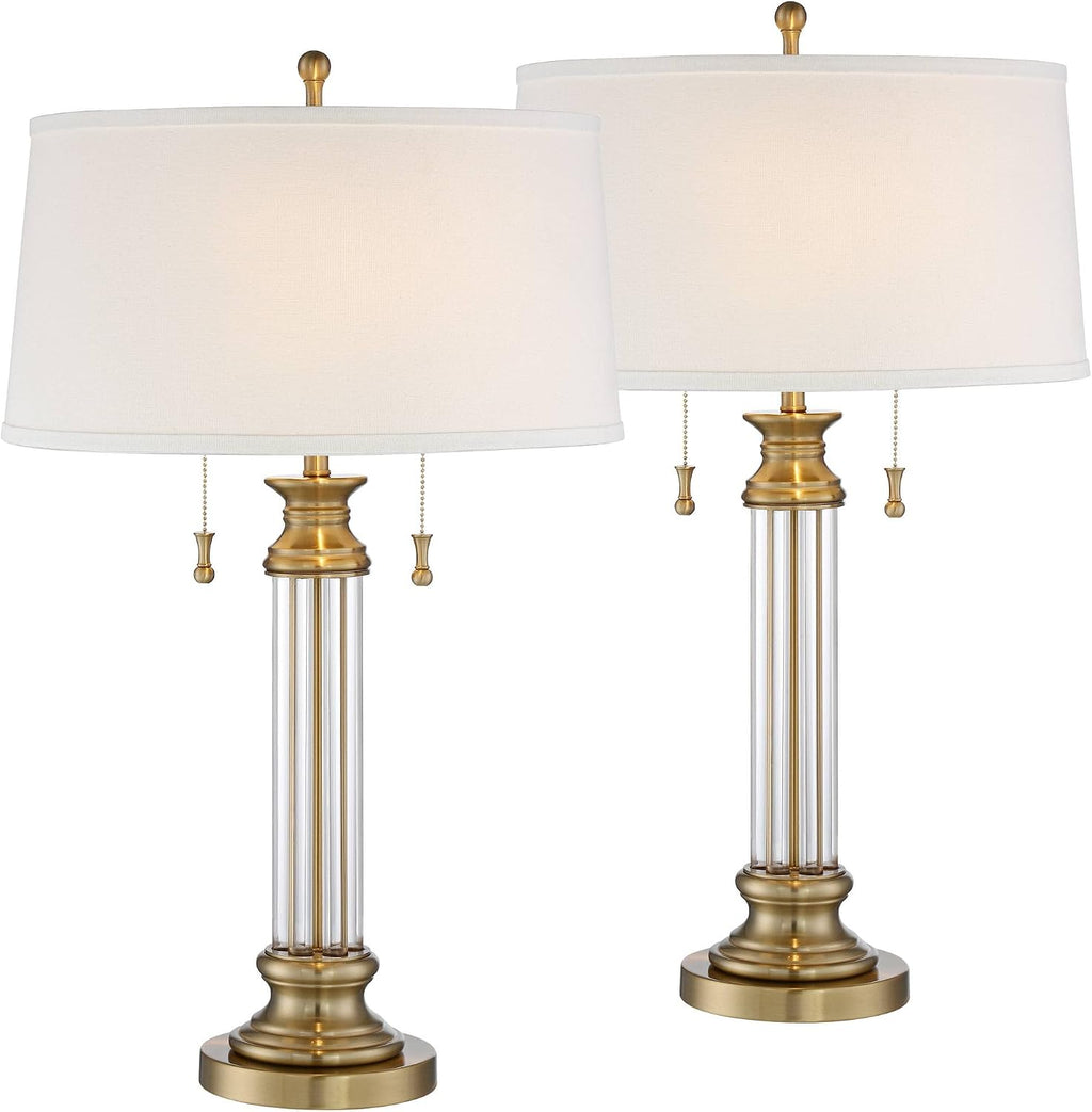 Vienna Full Spectrum Rolland Traditional Table Lamps 30' Tall Set of 2 Clear Glass Column Antique Brass Gold Off-White Fabric Drum Shade for Bedroom Living Family Room Bedside Nightstand House Home