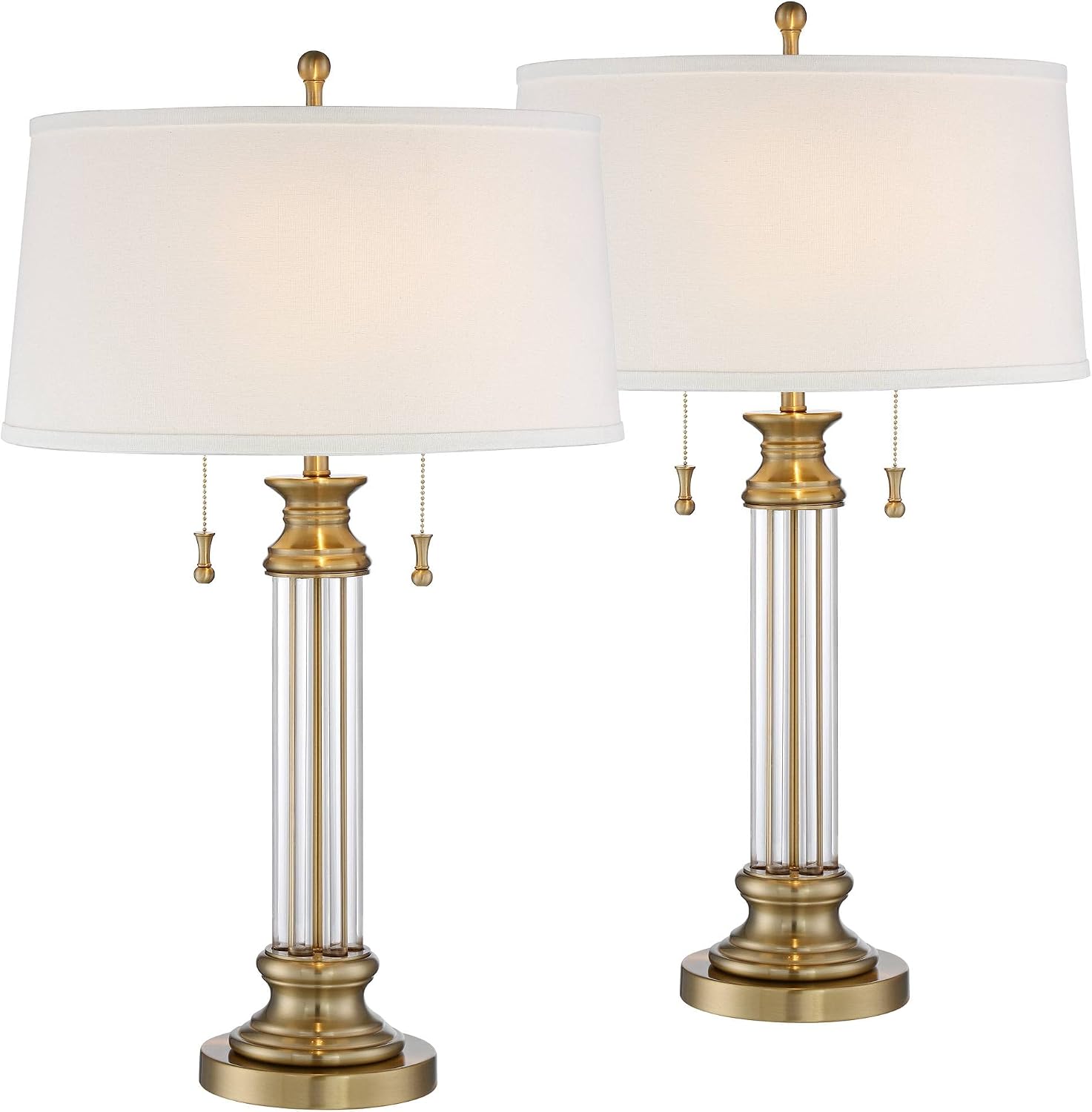 Vienna Full Spectrum Rolland Traditional Table Lamps 30' Tall Set of 2 Clear Glass Column Antique Brass Gold Off-White Fabric Drum Shade for Bedroom Living Family Room Bedside Nightstand House Home