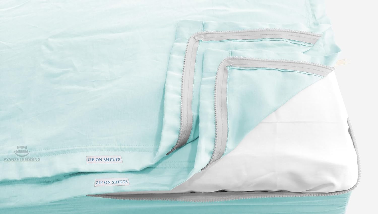 Cotton Zip On Fitted Sheet Queen - 2 Zip Sheets & 1 Fitted Sheet Base - Upto 16' Inch Deep Pocket Queen Size Zipper Fitted Sheets - Soft & Luxury 600 TC 100% Cotton - Aqua Blue