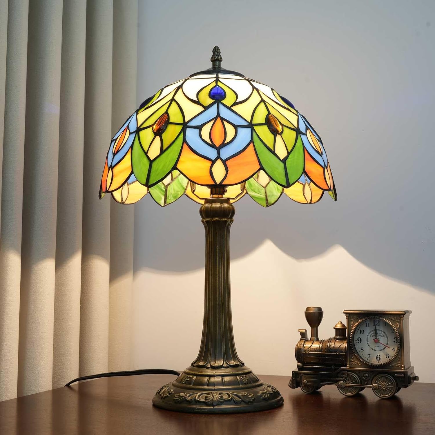 Tiffany Style Table Lamp With Retro Peacock Stained Glass Lamp 12 Inch Bronze Base Bedside Lamp Bedroom Living Rooms, Offices, Hotel Classics Luxury Style Decorative Ambient Light Bedside Lamp