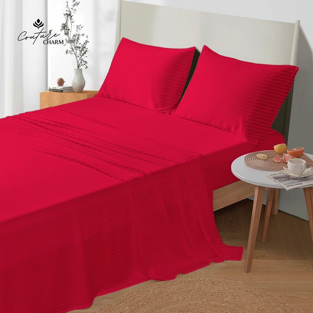 Queen Size 1000 Thread Count 100% Egyptian Cotton Sheet Set, 4-Piece, Sateen Weave, with 10-12' Deep Pocket Snug Fit (Stripe, Red)
