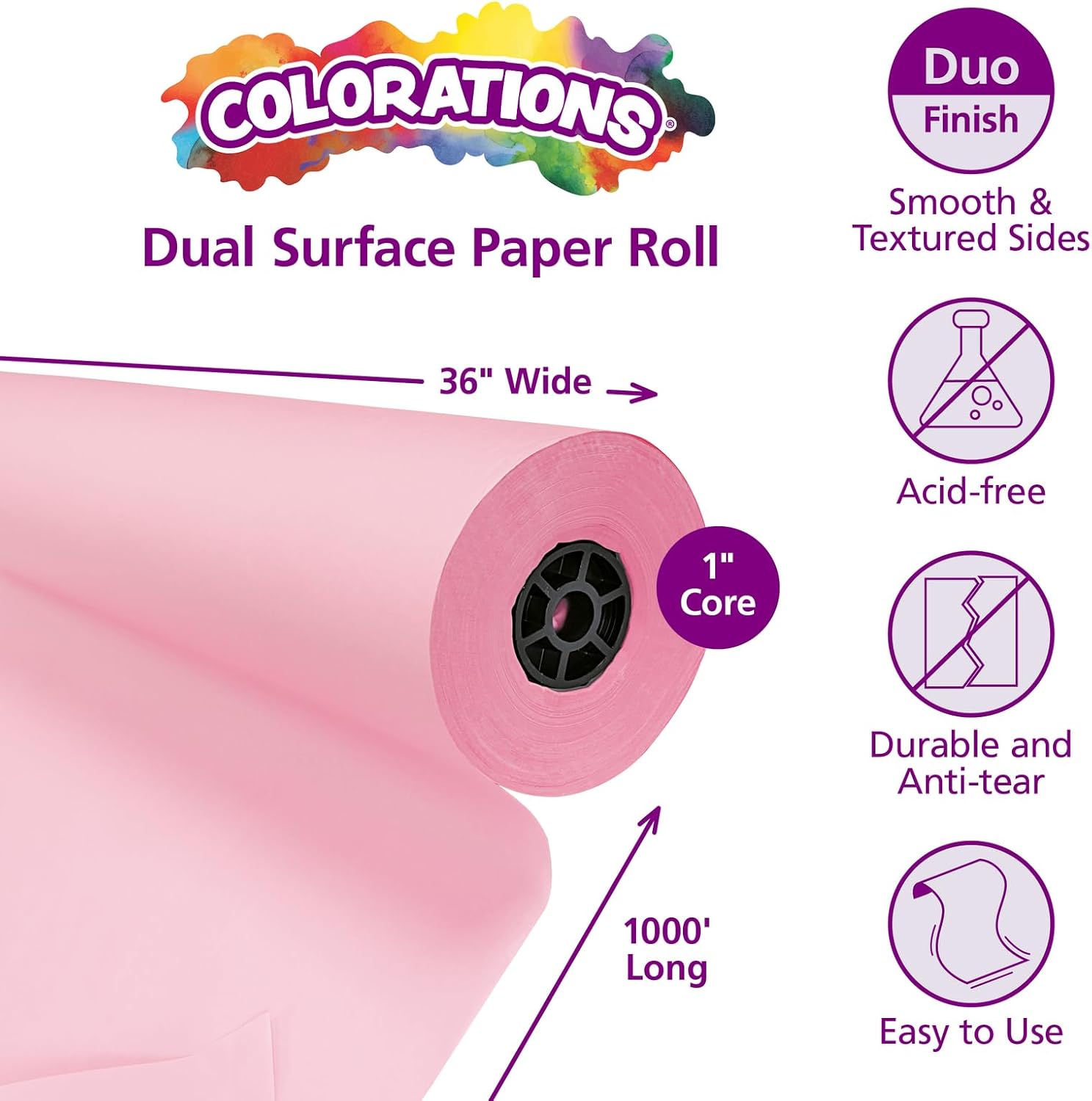 Colorations Dual Surface Paper Roll, Pink, 36' x 1000', Textured Paper, Classroom Craft & Art Supplies, Bulletin Board, Gift Wrapping, Chalkboard Wallpaper