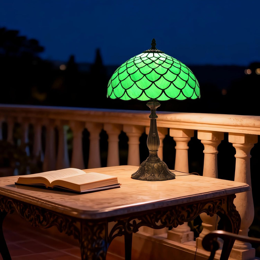 Stained Glass Table Lamp,Vintage Green Fish Scale Lamp,12X12X19 Inch Reading Light,Antique Glass Desk Decor Lamp.