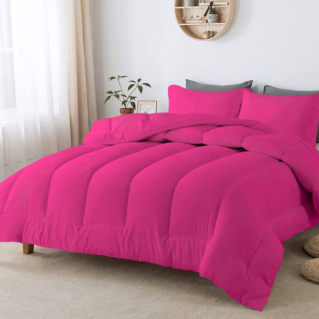 5 PC Straight Line Pattern Comforter Set Premium Super Soft 600 GSM All Season | 1000 Thread Count | 100% Egyptian Cotton ( Full/Queen Size, Hot Pink Color)