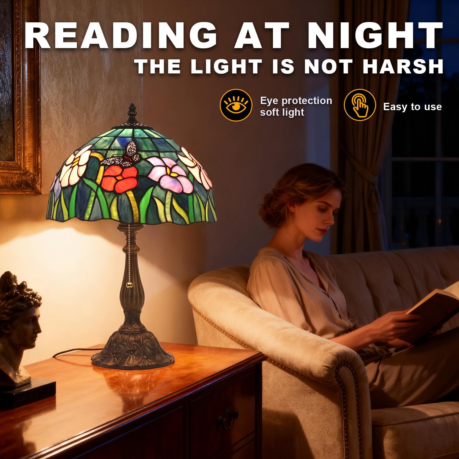 Tiffany Style Table Lamp,Butterfly Flower Table Lamp,12X12X19 Inch Tiffany Reading Light, Stained Glass Desk Decor Lamp.