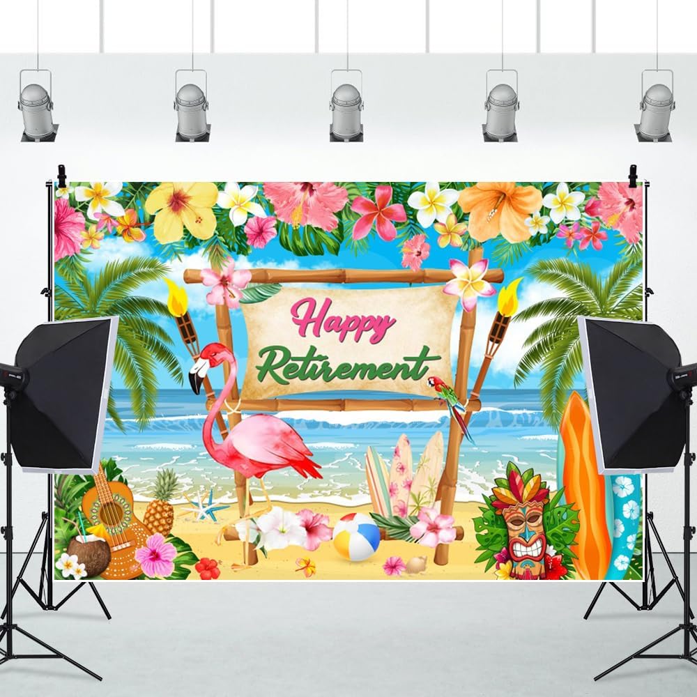 Summer Hawaiian Beach Happy Retirement Backdrop Luau Aloha Retirement Party Decorations Tropical Beach Farewell Photography Background Retired Party Supplies Banner 20x10ft