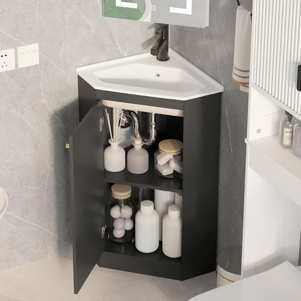 24 Inch Corner Bathroom Vanity with Sink for Small Spaces, Black Freestanding Bathroom Vanity with Ceramic Sink, Modern Wall Mount Small Bathroom Vanity for Powder Room,Half Bath(No Faucet)