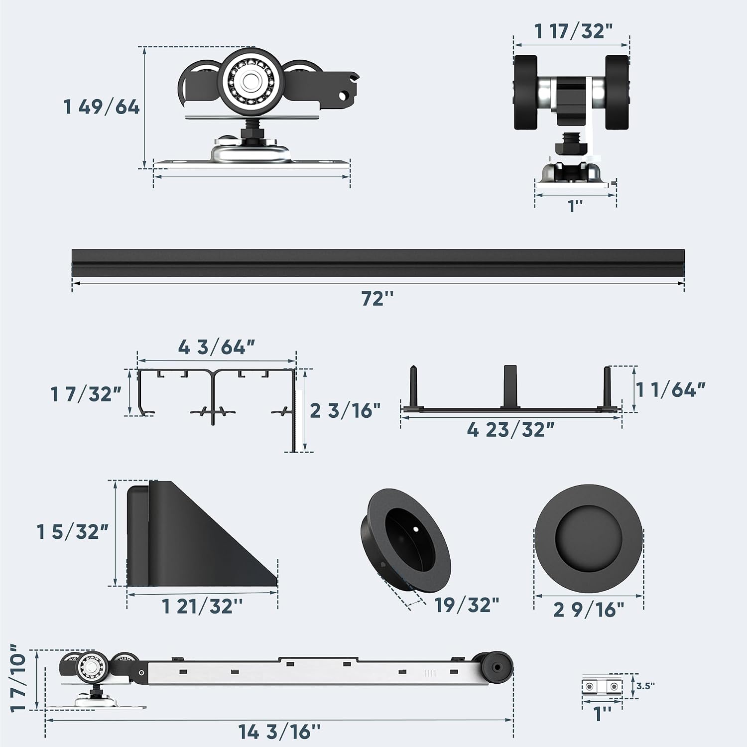 JUBEST 6FT/72 Heavy Duty Bypass Door Hardware with Soft Close Mechanism, Sturdy Closet Door Track for 2 Door System, Quietly and Smoothly, Fit Door Thickness 1 3/8' or 1 3/4', Easy to Install, Black