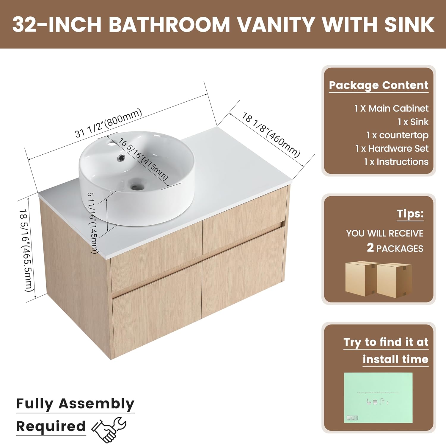 32 Inch Floating Bathroom Vanity with Sink, Modern Wall Mounted Cabinet, Ceramic Vessel Basin, 2 Soft Close Doors and 2 Drawer, White Oak
