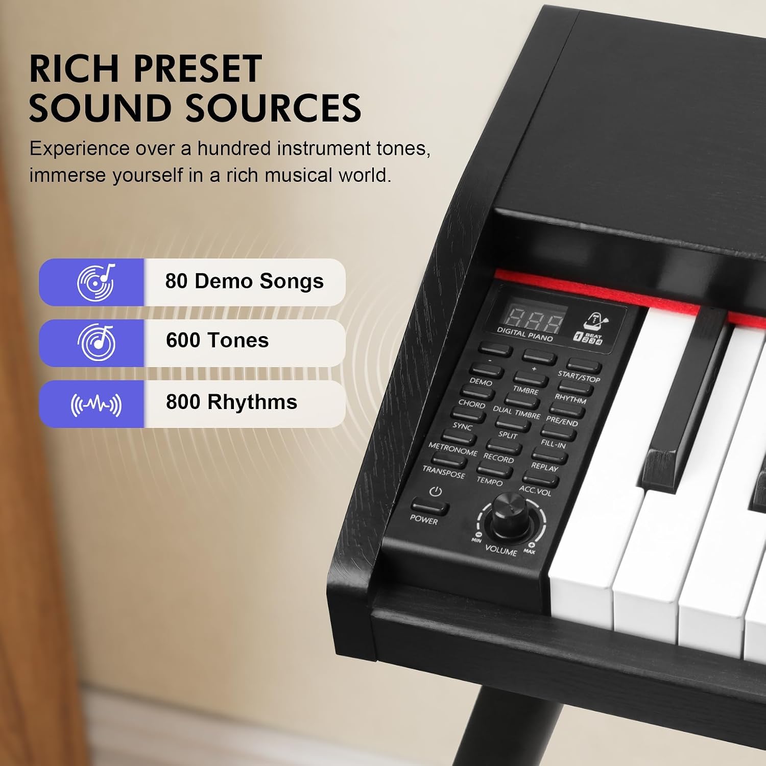 UISCOM Digital Piano Keyboard for Beginners,Full Size 88 Key Semi-Weighted Keyboard Electric Piano with Stand,Power Adapter,Sheet Music Stand,Pedal,Headphone,USB-MIDI Compatibility,Wood Black