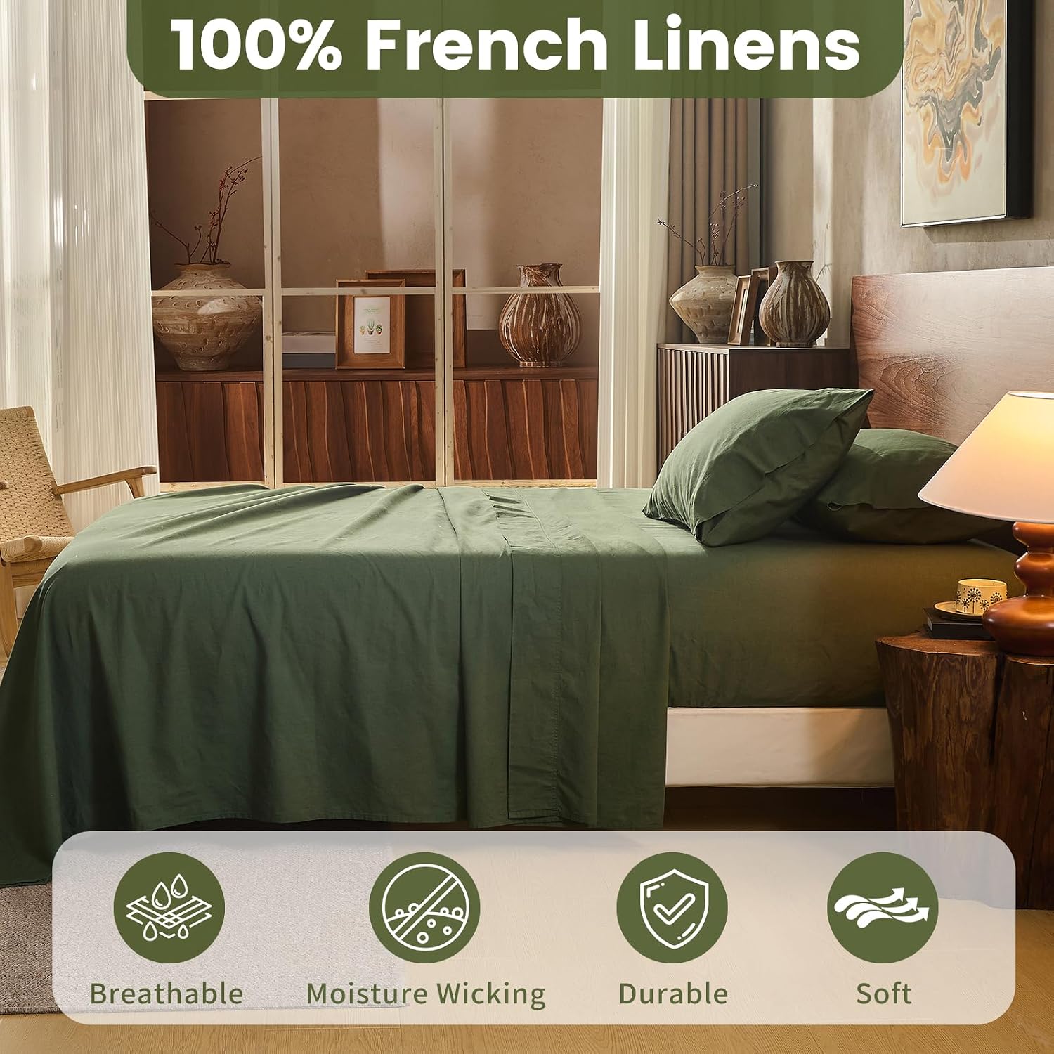 100% Linen Sheets Queen Size,Breathable & Durable 4-Piece Bed Flax Sheet Set,Soft All-Season Bedding for Hot Sleepers 16' Deep Pocket Oeko-TEX Certified,（Queen, Forest Green）