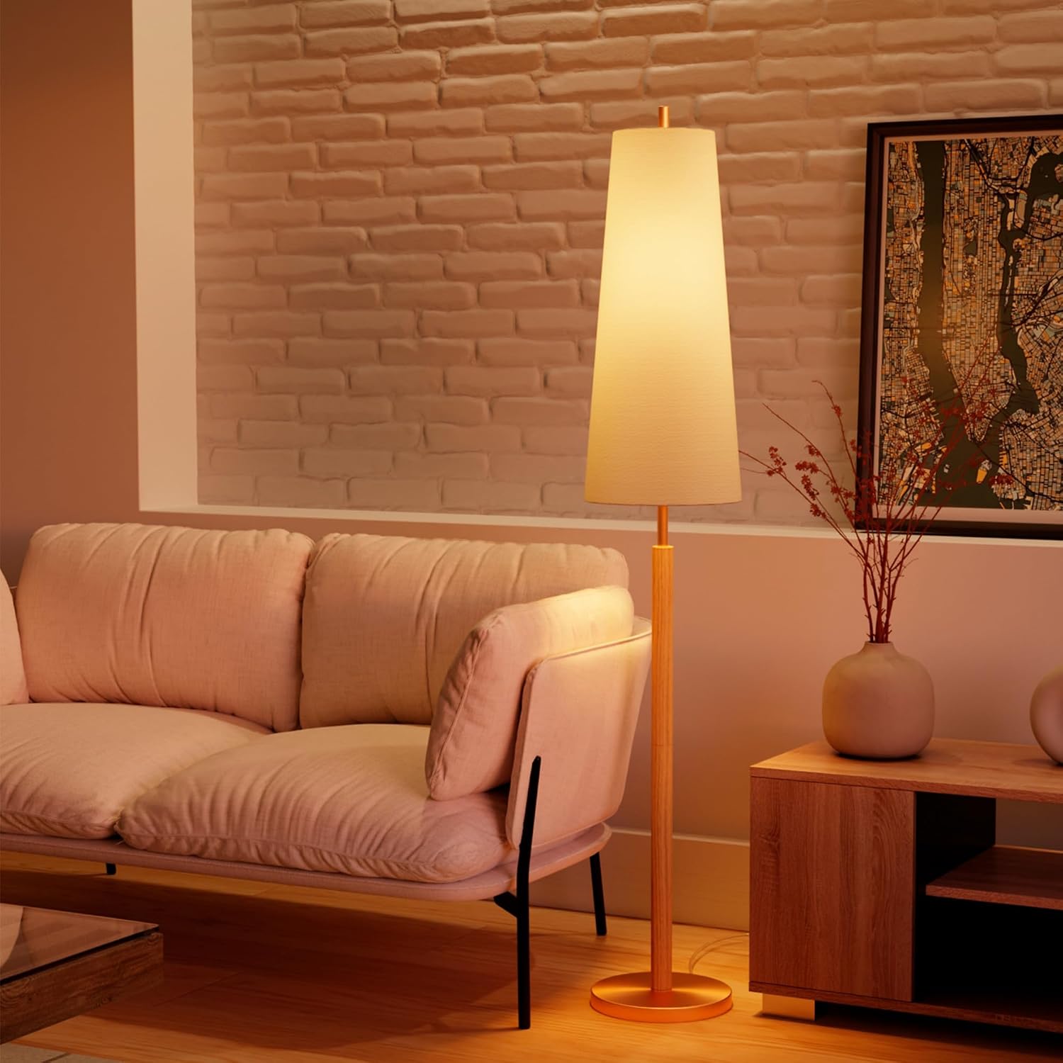 Globe Electric 61000173 63' Floor Lamp, Matte Brass, Wood Toned Accent, Long White Fabric Shade, in-Line On/Off Foot Switch, 6.7-Foot Clear Cord, 1-Light, 60W E26/Medium Base Bulb