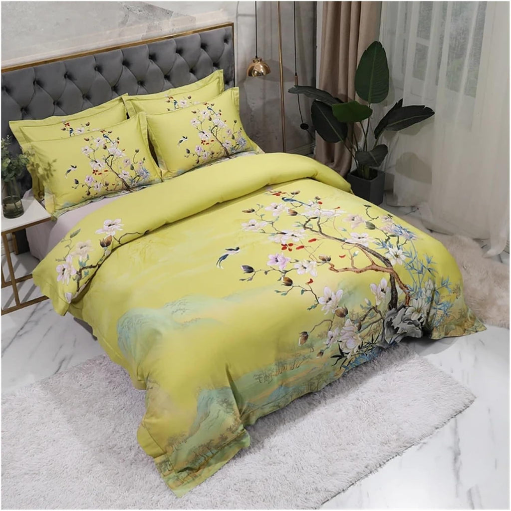 Egyptian Cotton Bedding Queen King Size 4Pcs Birds and Flowers Leaf Gray Shabby Duvet Cover Bed Sheet Pillow Shams,Cotton Duvet