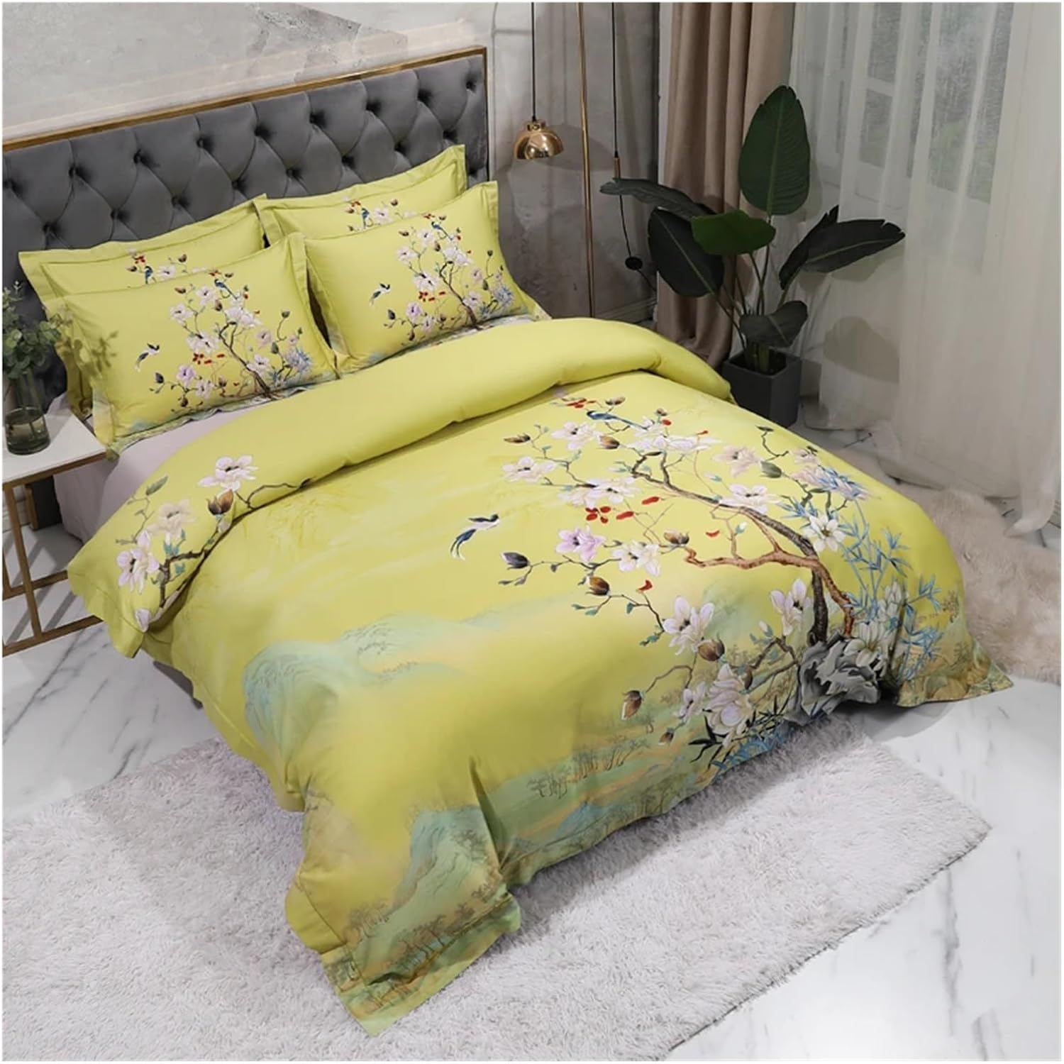 Egyptian Cotton Bedding Queen King Size 4Pcs Birds and Flowers Leaf Gray Shabby Duvet Cover Bed Sheet Pillow Shams,Cotton Duvet
