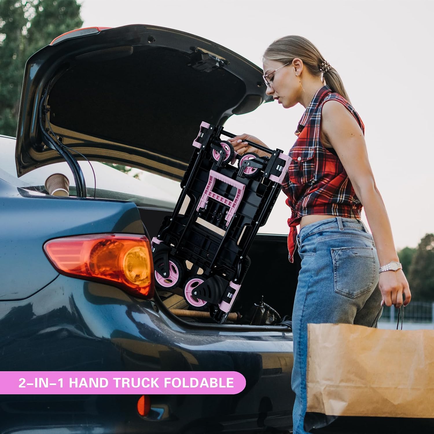 JJSMKCH 2 in 1 Folding Hand Truck,330LB Capacity Hand Truck Foldable,Dolly Cart with Wheels and 3-Speed Adjustable Handle,Portable Hand Cart,Collapsible Dolly for Moving (Pink)