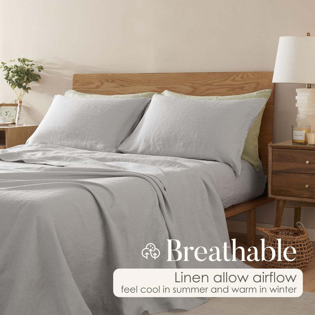 DAPU Pure Linen Sheets Set, 100% French Linen from Normandy, Breathable and Durable for Hot Sleepers, 4 Pcs Set - 1 Flat Sheet, 1 Fitted Sheet, 2 Pillowcases (Fog Gray, Queen)