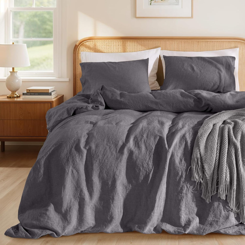 LBRO2M 100% France Linen Duvet Cover Set 3 Pcs Including 1 Flax Comforter Cover with Zipper Closure, 2 Pillowcase, Cozy Duvet Cover Queen Size, Dark Gray