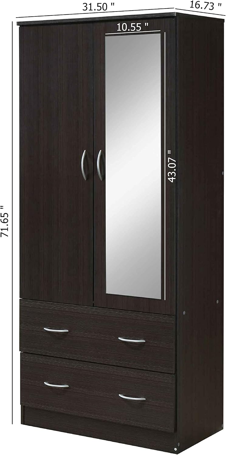 HODEDAH 2 Door Wood Wardrobe Bedroom Closet with Clothing Rod inside Cabinet, 2 Drawers for Storage and Mirror, Chocolate