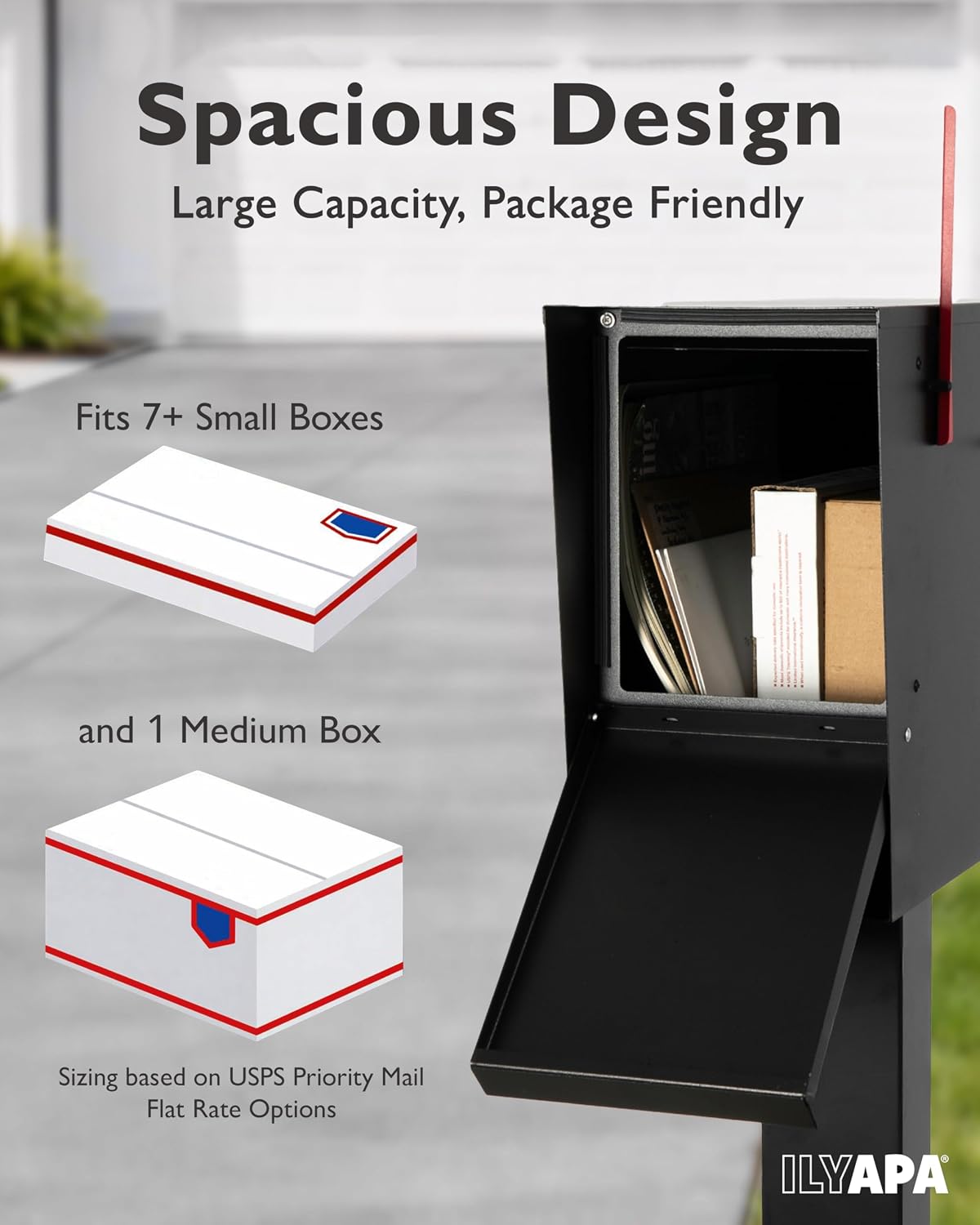 Ilyapa Black Modern Mailbox Post Mount Mailboxes For Outside with Newspaper Holder- Powder Coated Steel Metal Mail Box, Outdoor All Weather & Corrosion Resistant Stainless Steel Hinges & Magnetic Door
