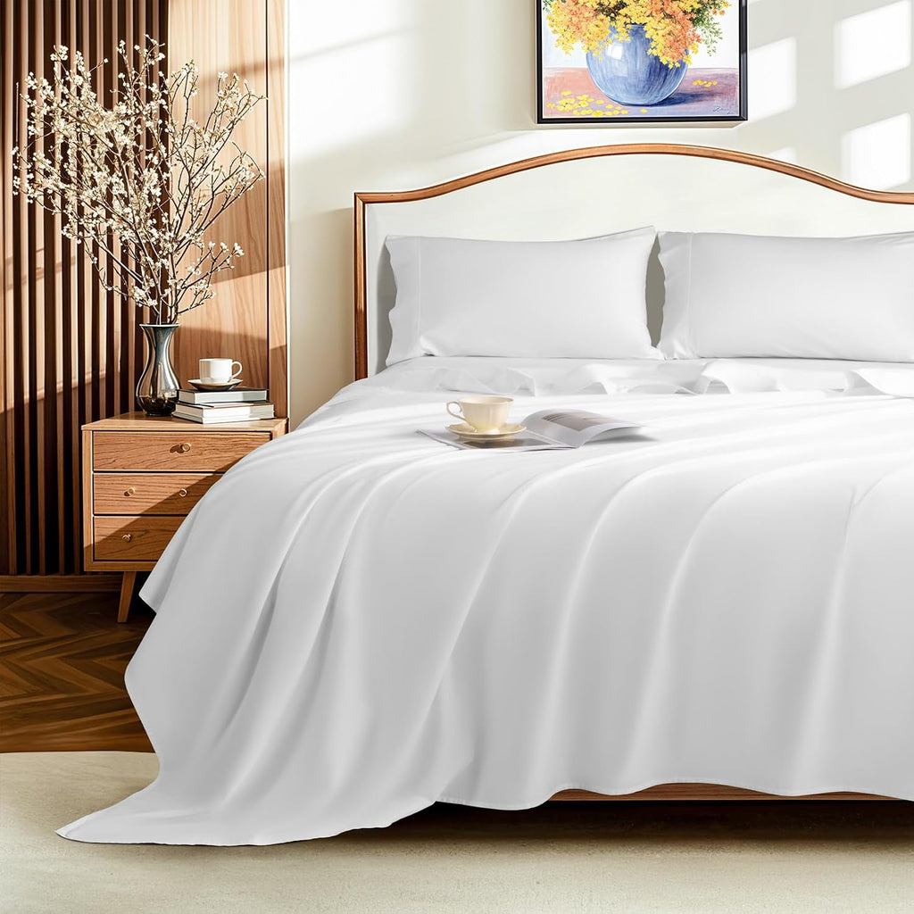 LBRO2M 1500 Thread Count Egyptian Cotton Queen Size Sheet Set (4 Piece, White, Modern Style, Deep Pocket, Fully Elasticized)