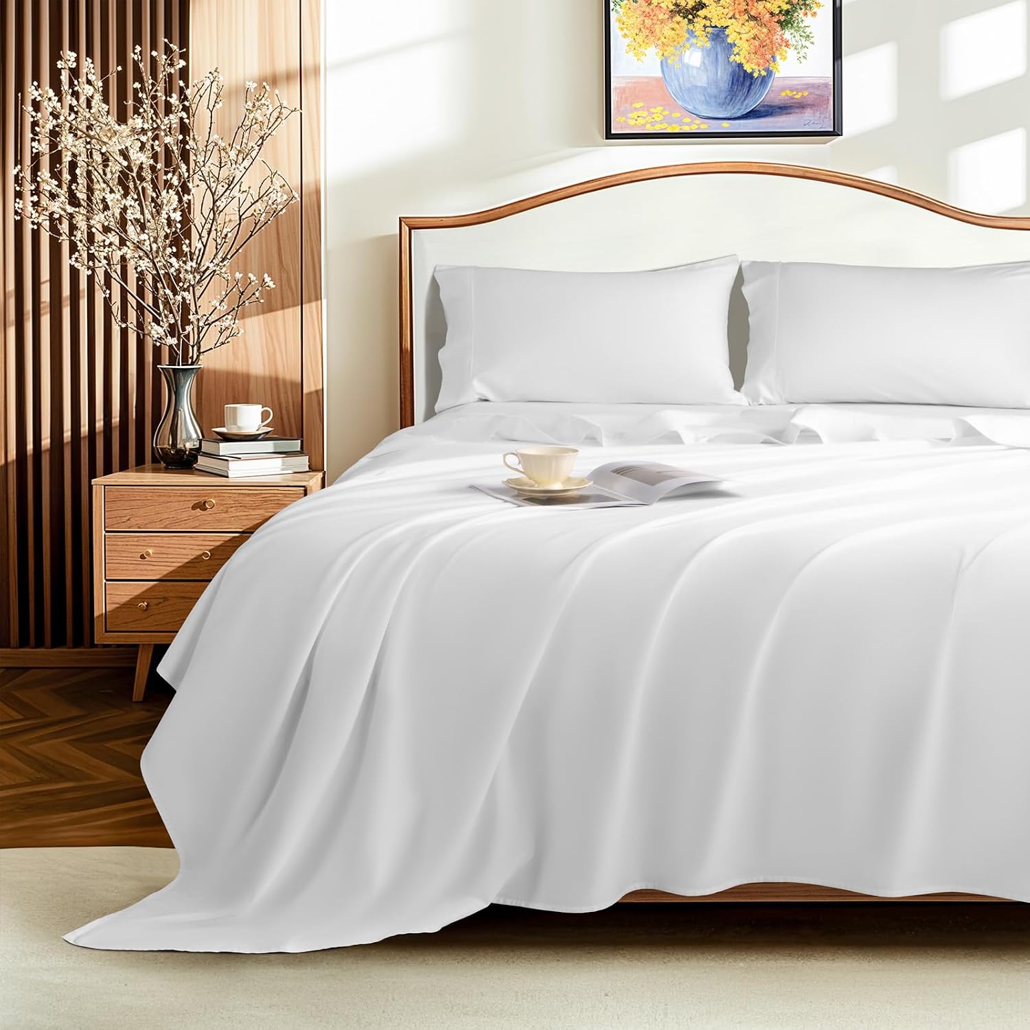 LBRO2M 1500 Thread Count Egyptian Cotton Queen Size Sheet Set (4 Piece, White, Modern Style, Deep Pocket, Fully Elasticized)