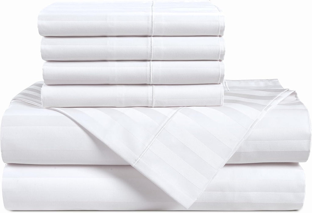 Casa Platino 100% Egyptian Cotton Sheets California King Size Set - 6 Pieces - Damask Stripe- Smooth Sateen Weave Bed Sheets, 15' Deep Pocket - Pure White Sheet Set