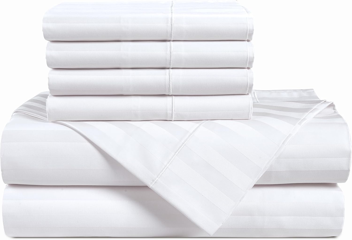 Casa Platino 100% Egyptian Cotton Sheets California King Size Set - 6 Pieces - Damask Stripe- Smooth Sateen Weave Bed Sheets, 15' Deep Pocket - Pure White Sheet Set
