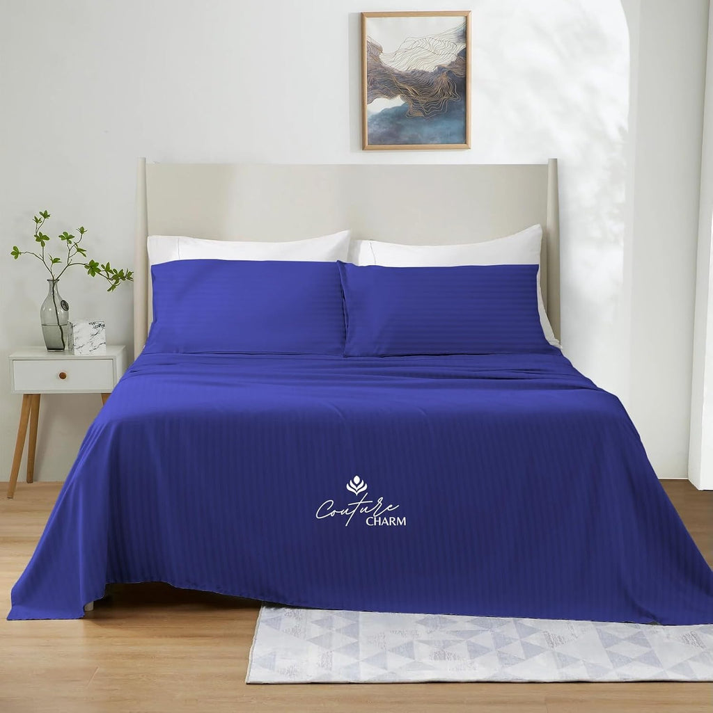 Queen Size 1000 Thread Count 100% Egyptian Cotton Sheet Set, 4-Piece, Sateen Weave, with 10-12' Deep Pocket Snug Fit (Stripe, Royal Blue)