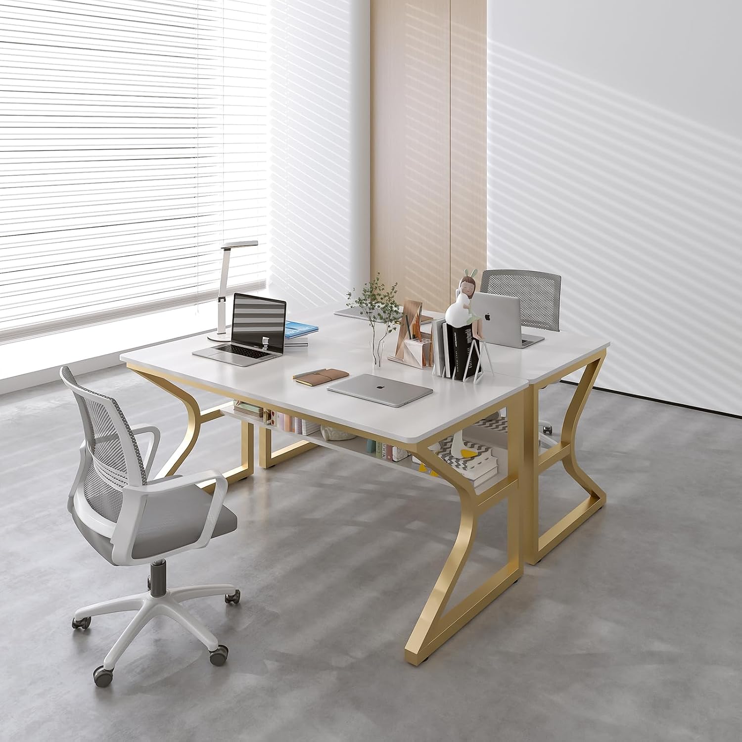 OSCHF Office Desk with Storage Shelf - 47.3' Long Writing Table for Single-Person Workstation, Modern Study Gaming Computer Desk, Gold