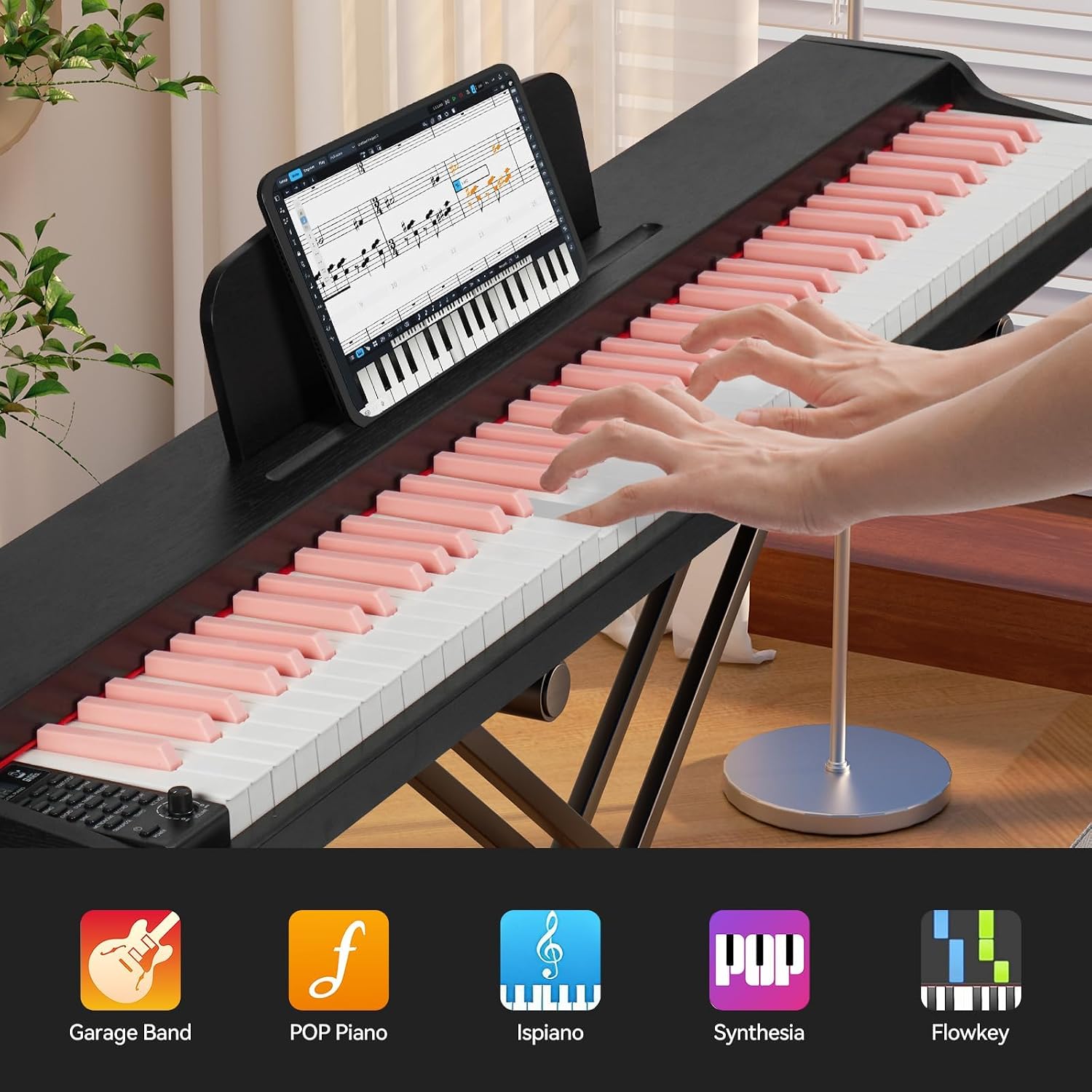 88 Key Weighted Keyboard Piano with Sustain Pedal, Power Adapter & Sheet Music Stand - Home Digital Piano, Black Pink (Keyboard Only)