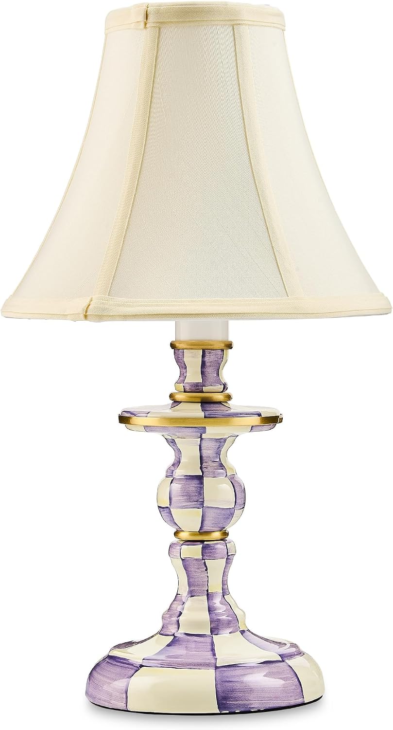 MACKENZIE-CHILDS Candlestick Lamp, Decorative Lamp for Living Room or Bedroom, Purple-and-White Violet Check