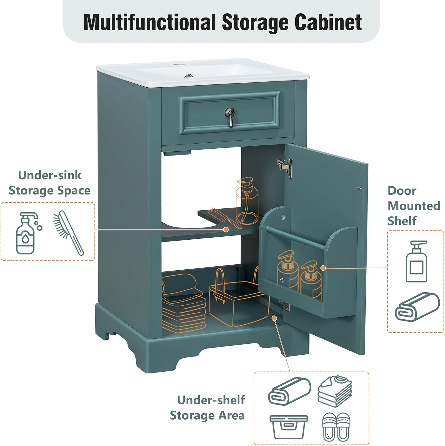 20 Inch Blue Green Bathroom Vanity with Ceramic Sink and Adjustable Shelf, Modern Bathroom Cabinet with Over Door Storage Rack and Soft Close Door