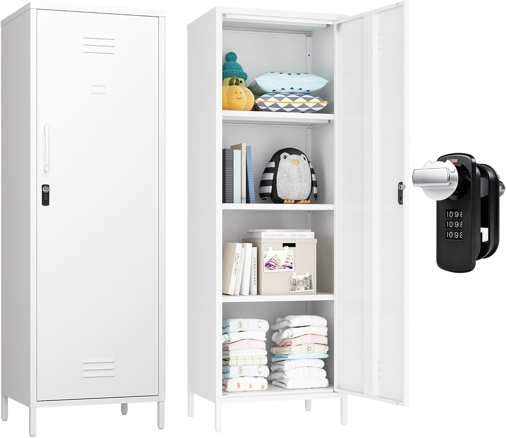 Steehoom Metal Locker Cabinet with Lock, Steel File Locker with Door and 3 Adjustable Narrow Storage Cabinet Shelves 59.06-inch high for School, Living Room, Bedroom, Office (White, H59.06'')