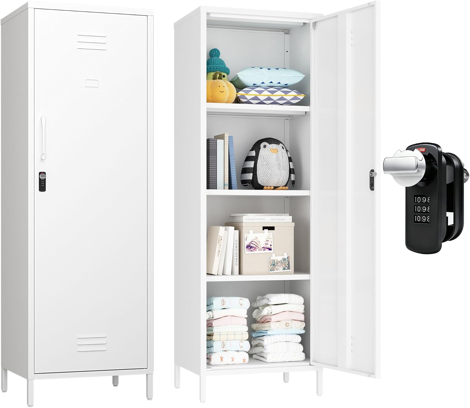 Steehoom Metal Locker Cabinet with Lock, Steel File Locker with Door and 3 Adjustable Narrow Storage Cabinet Shelves 59.06-inch high for School, Living Room, Bedroom, Office (White, H59.06'')