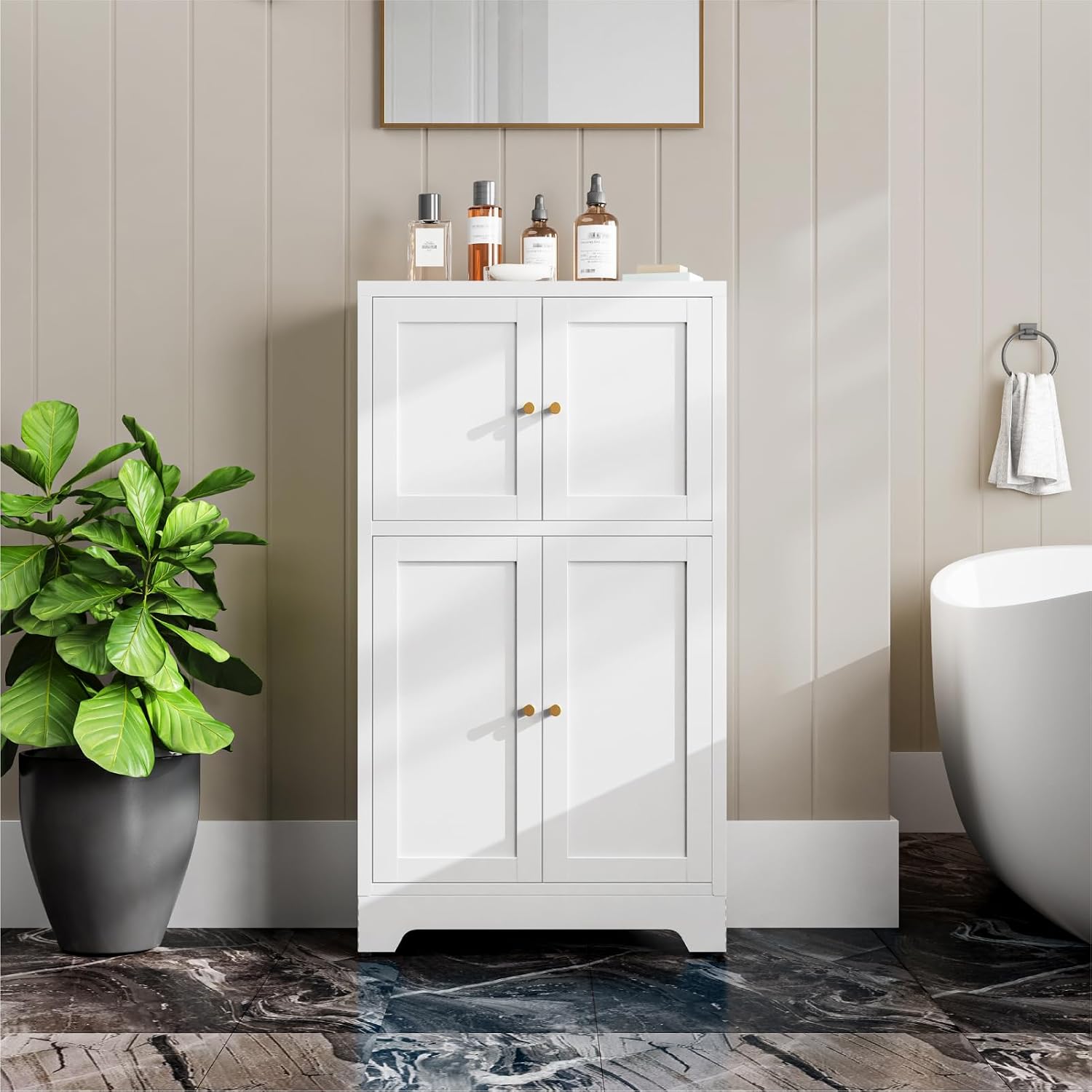 Metal Bathroom Storage Cabinet, Freestanding Pantry Floor Cabinet with 4 Doors and 2 Adjustable Shelves for Living Room, Dining Room, Kitchen