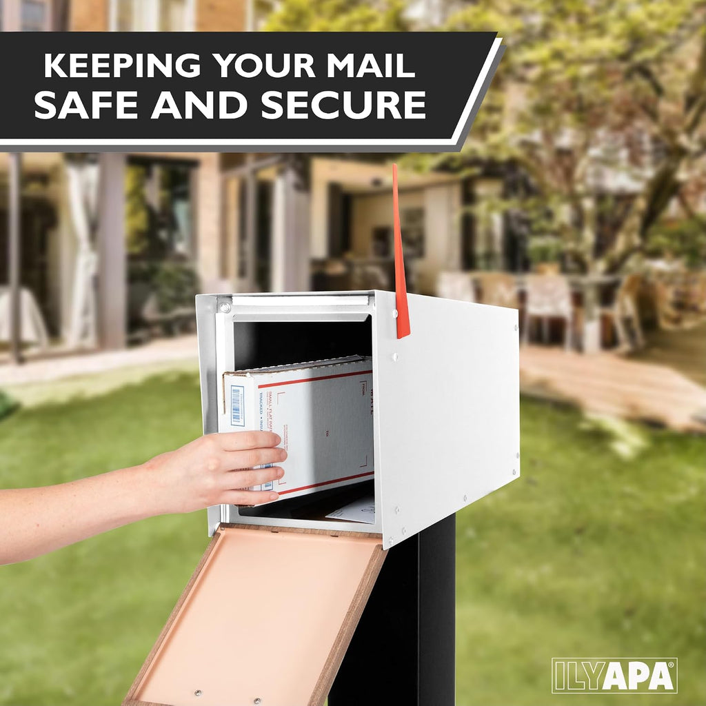 Ilyapa Post Mount Modern Mailbox - White Exterior Powder Coated & Hydro Print Ash Wood Grain Printed Door, Letterbox with Recessed Magnetic Close Door